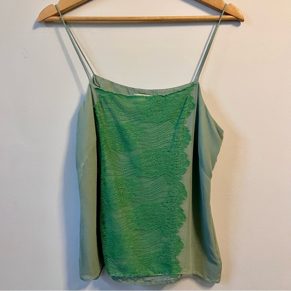 J. Crew Green 100% Silk & Lace Spaghetti Strap Camisole Blouse, Size 6